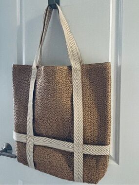 Woven Straw Tote with Cream Herringbone Straps